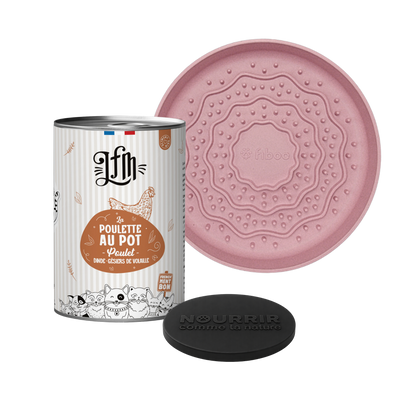 Routine hydratation chat : 6 pâtées Poulette au pot + 1 mini bol de léchage + 1 couvercle