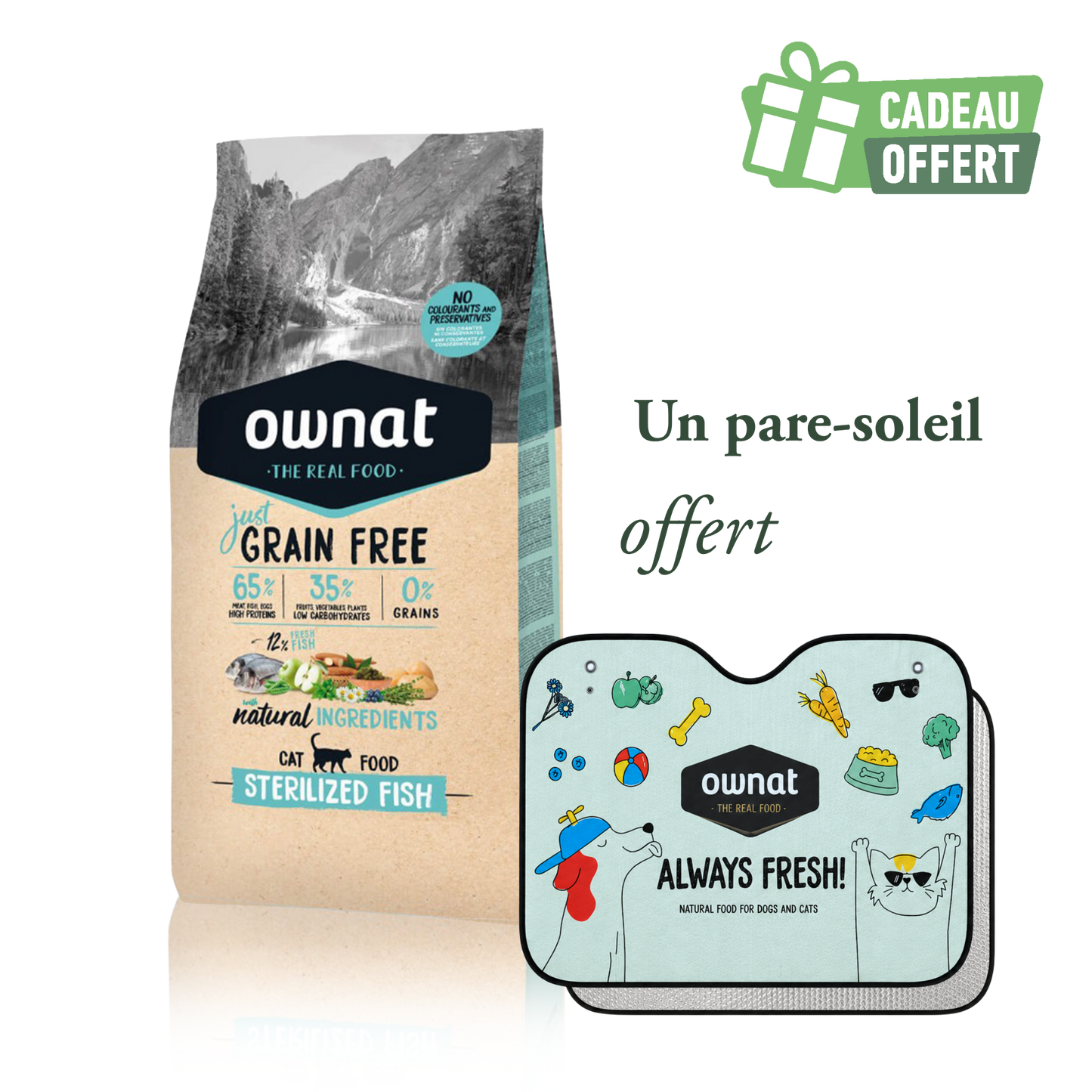 1 sac OWNAT JUST GF Sterilized Fish 8kg + 1 pare soleil OFFERT
