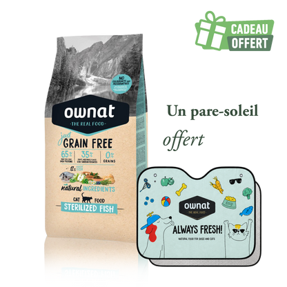 1 sac OWNAT JUST GF Sterilized Fish 8kg + 1 pare soleil OFFERT