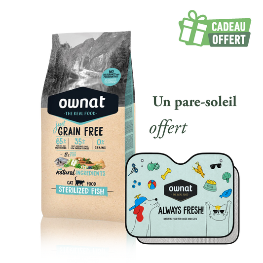 1 sac OWNAT JUST GF Sterilized Fish 8kg + 1 pare soleil OFFERT