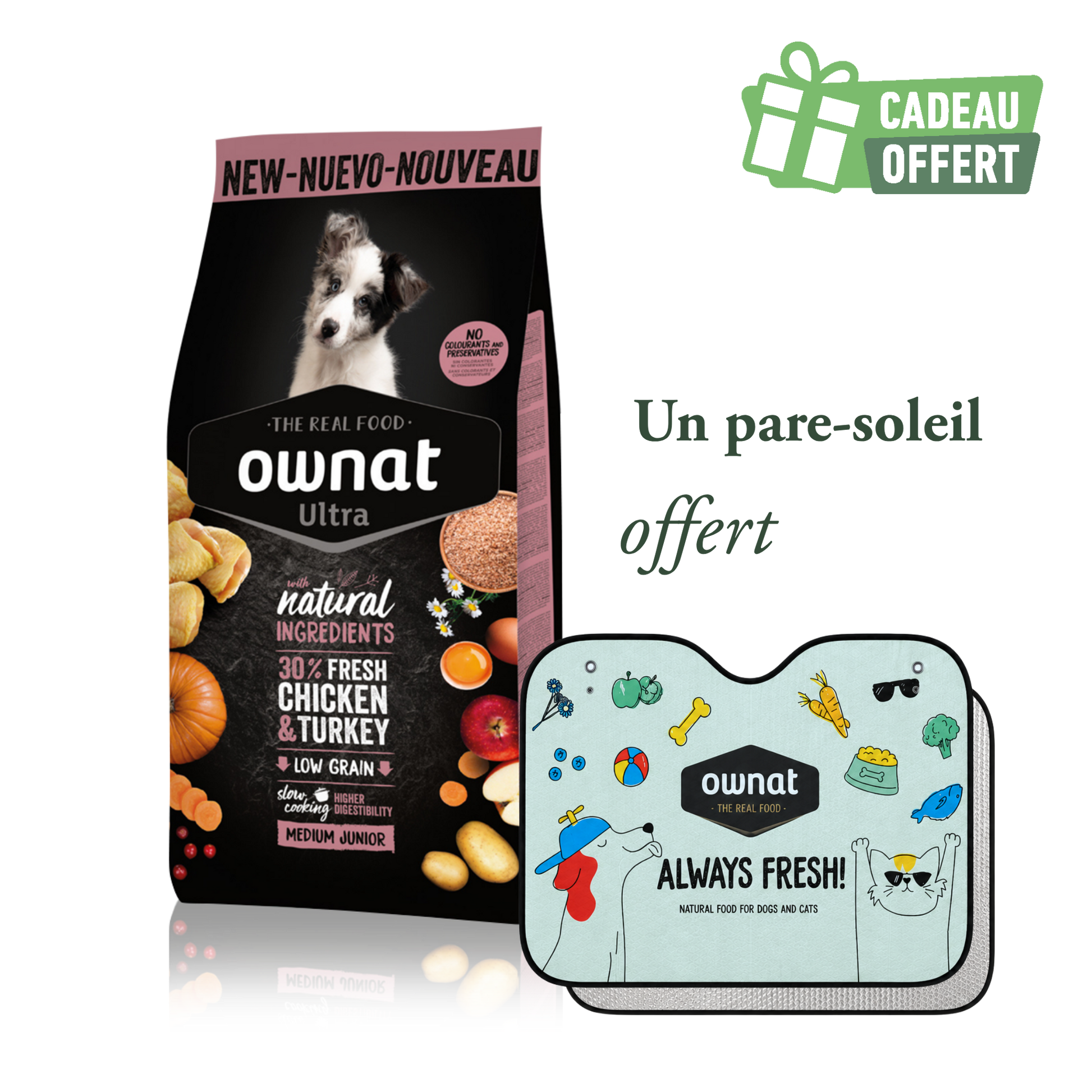 1 sac OWNAT ULTRA Medium Junior 12kg + 1 pare soleil OFFERT