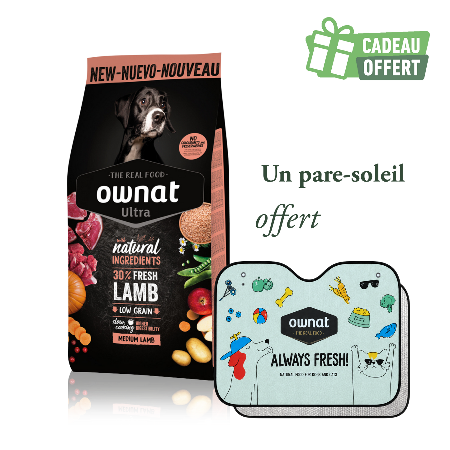 1 sac OWNAT ULTRA Medium Lamb 12kg + 1 pare soleil OFFERT