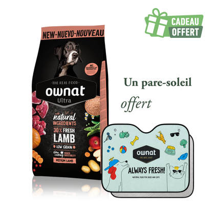 1 sac OWNAT ULTRA Medium Lamb 12kg + 1 pare soleil OFFERT