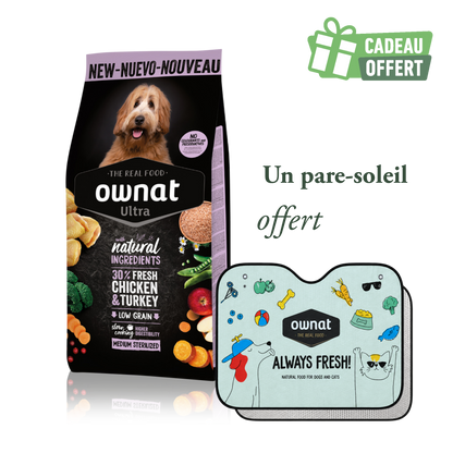1 sac OWNAT ULTRA Medium Sterilized 12kg + 1 pare soleil OFFERT