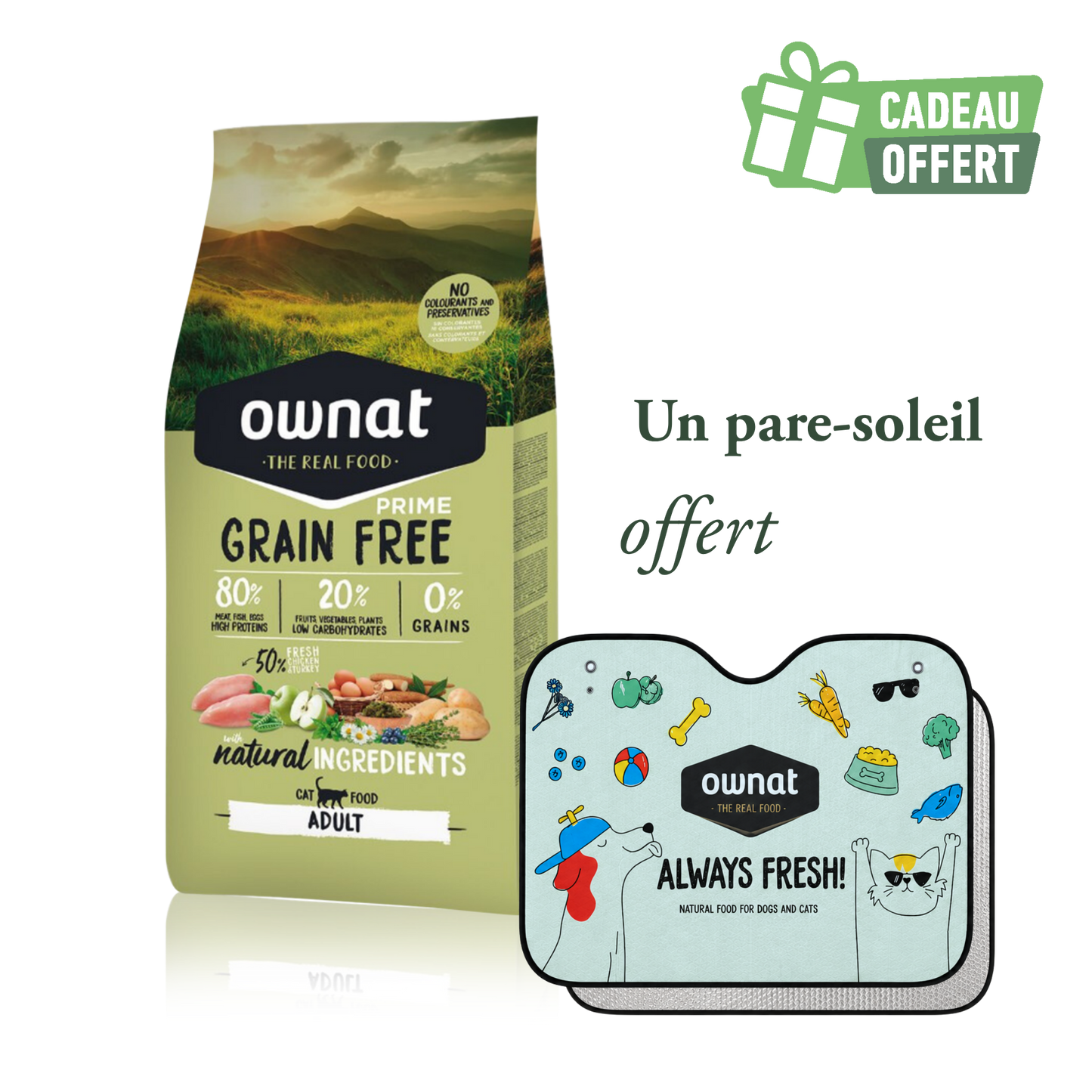 1 sac OWNAT PRIME Adult 8kg + 1 pare soleil OFFERT
