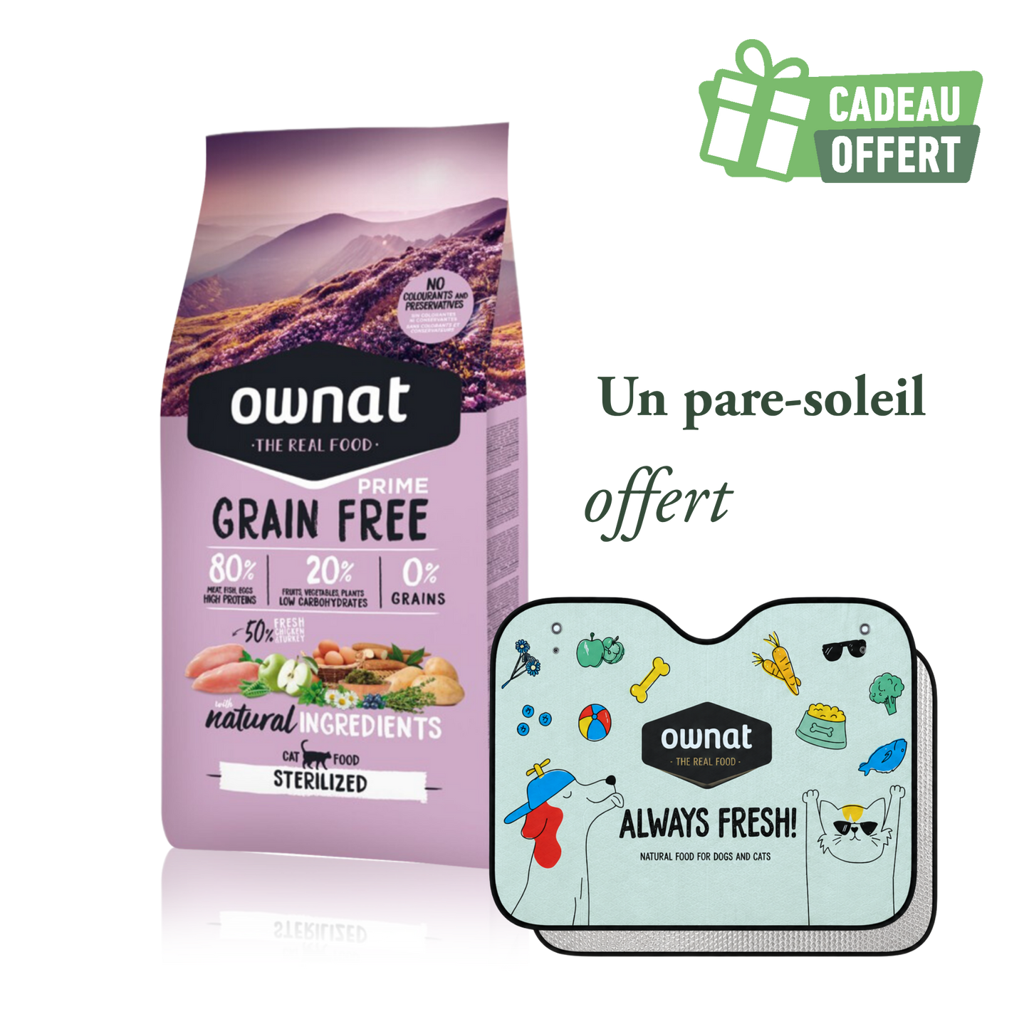 1 sac OWNAT PRIME Sterilized 8kg + 1 pare soleil OFFERT