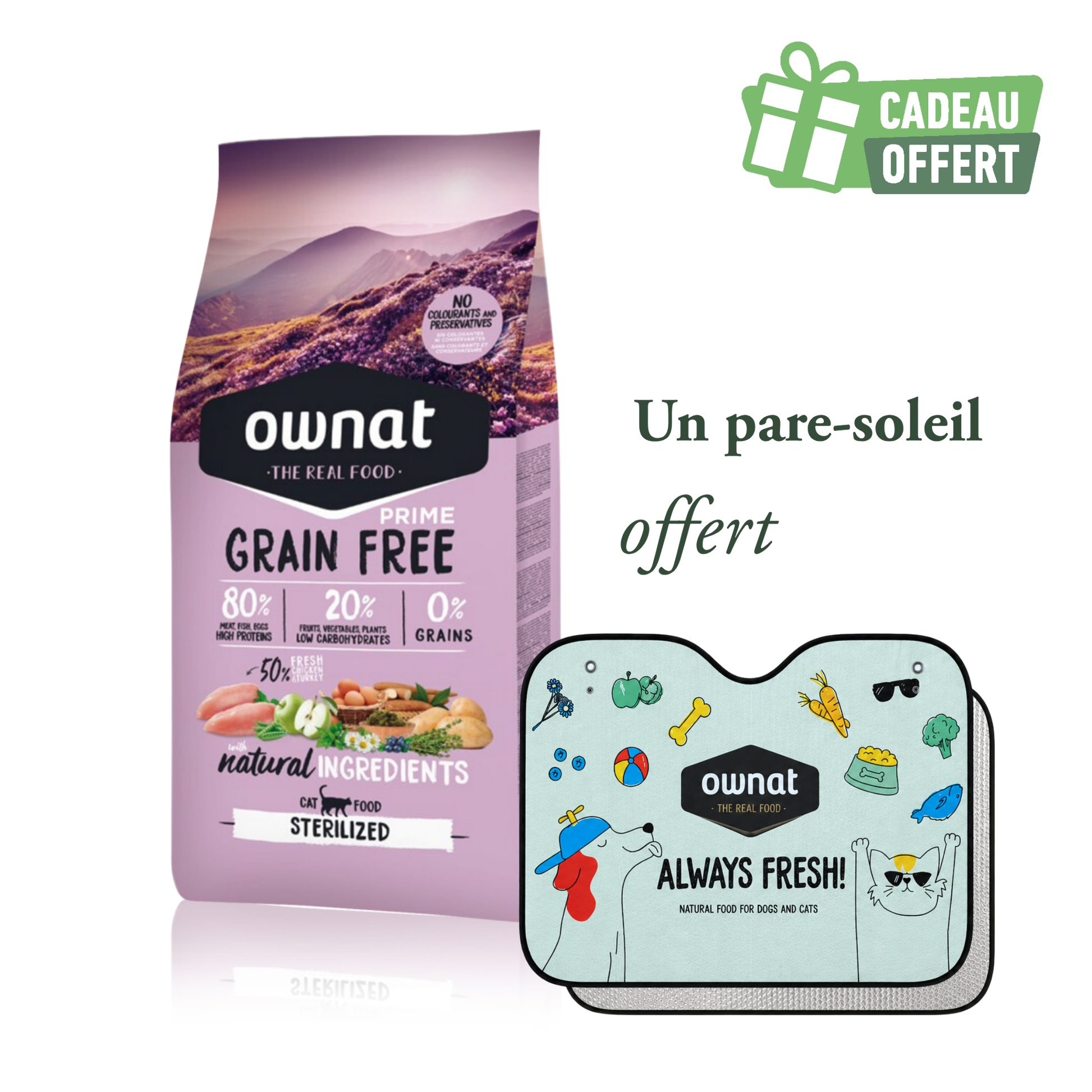 1 sac OWNAT PRIME Sterilized 8kg + 1 pare soleil OFFERT
