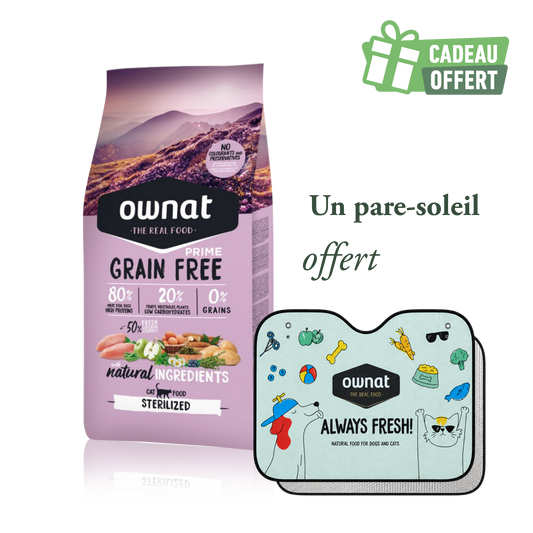 1 sac OWNAT PRIME Sterilized 8kg + 1 pare soleil OFFERT